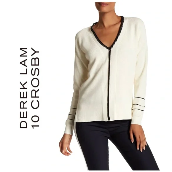 Derek Lam 10 Crosby Ivory Crochet Pipe Trim Pullover Sweater Cotton Cashmere - Picture 2 of 10